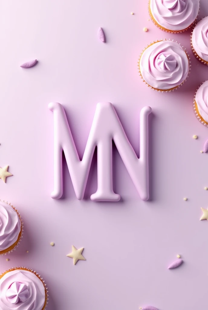 Logo for confectionery, using pastel lilac color. with the initials "mn" in capital letters. Arte moderna e clean. With objects in the background that are related to confectionery.