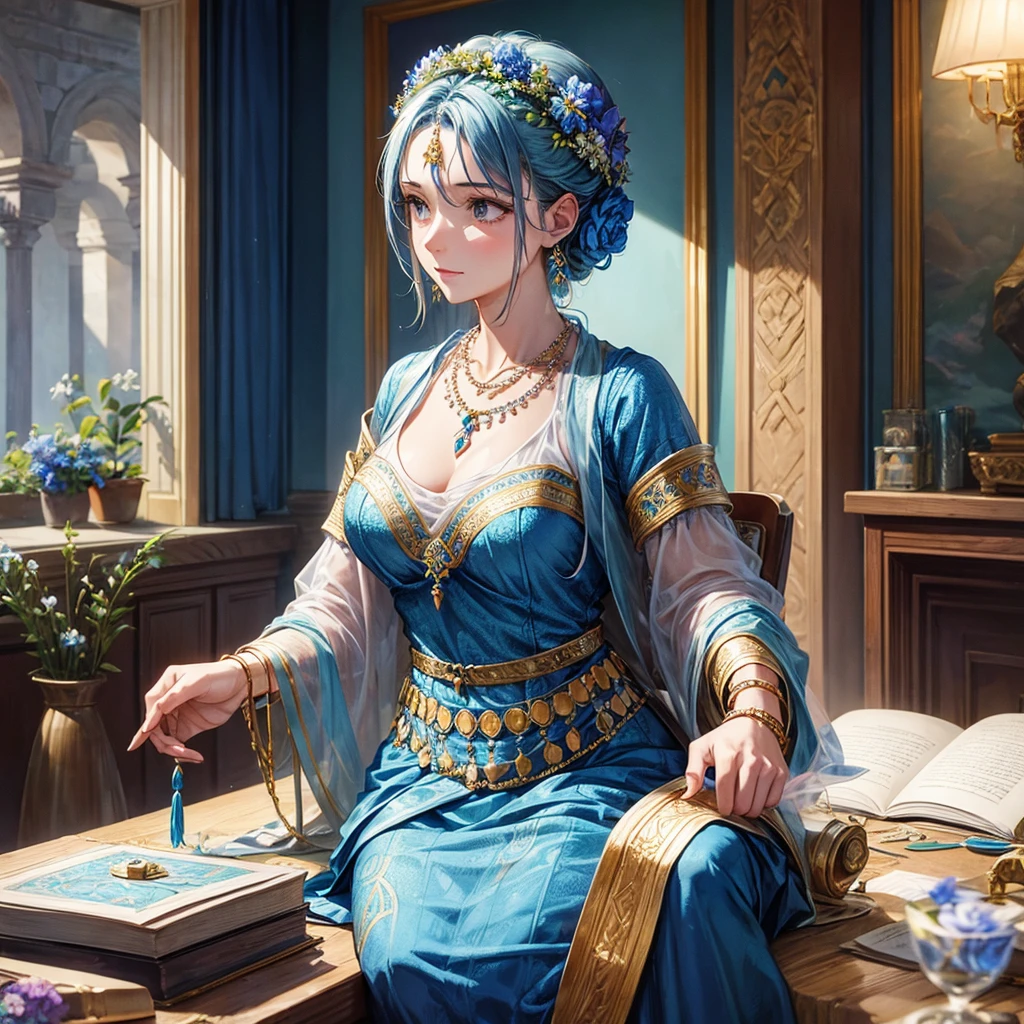 A woman, Ancient costume in blue color and flowers drawings,making a necklace,jewelry set, Ancient room