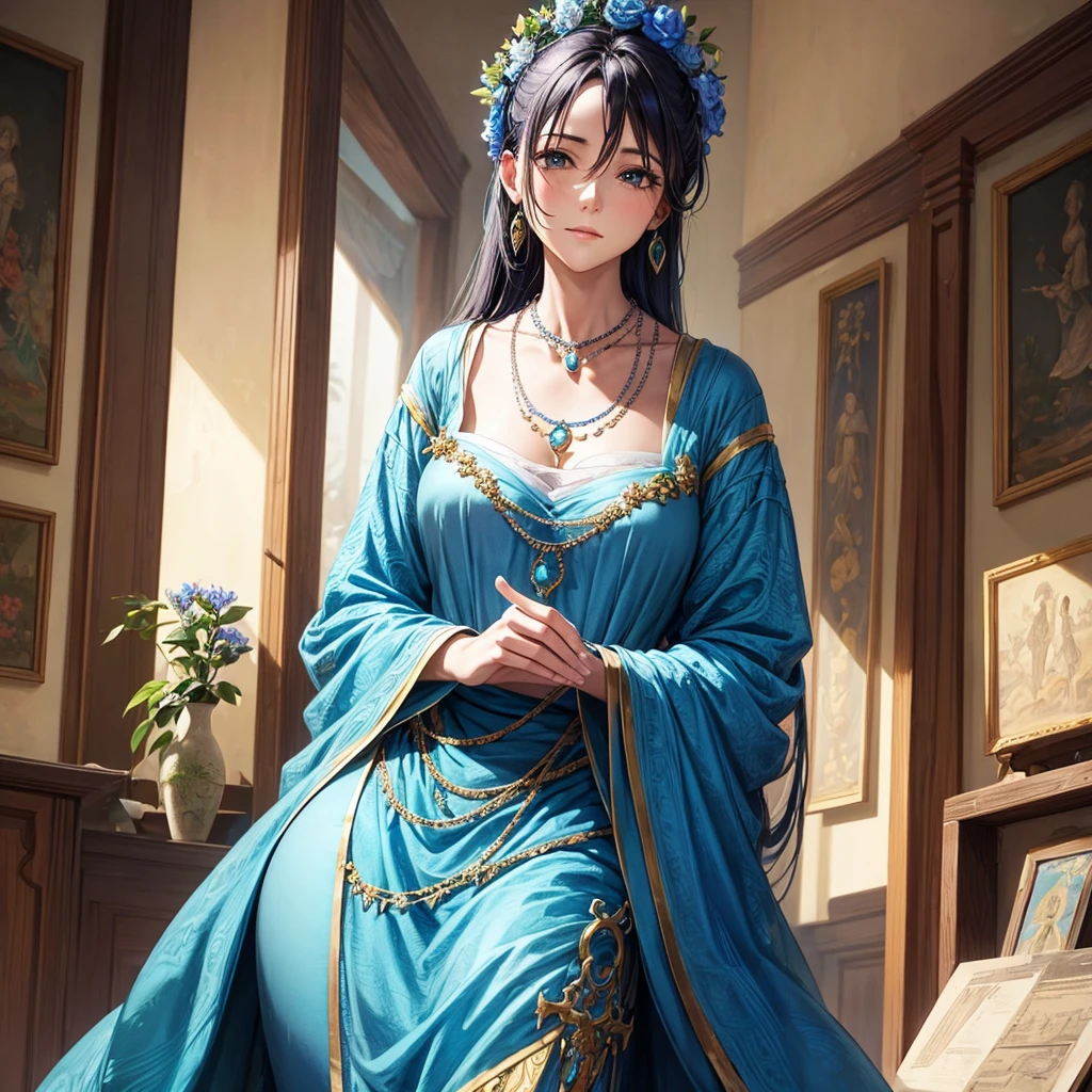A woman, Ancient costume in blue color and flowers drawings,making a necklace,jewelry set, Ancient room