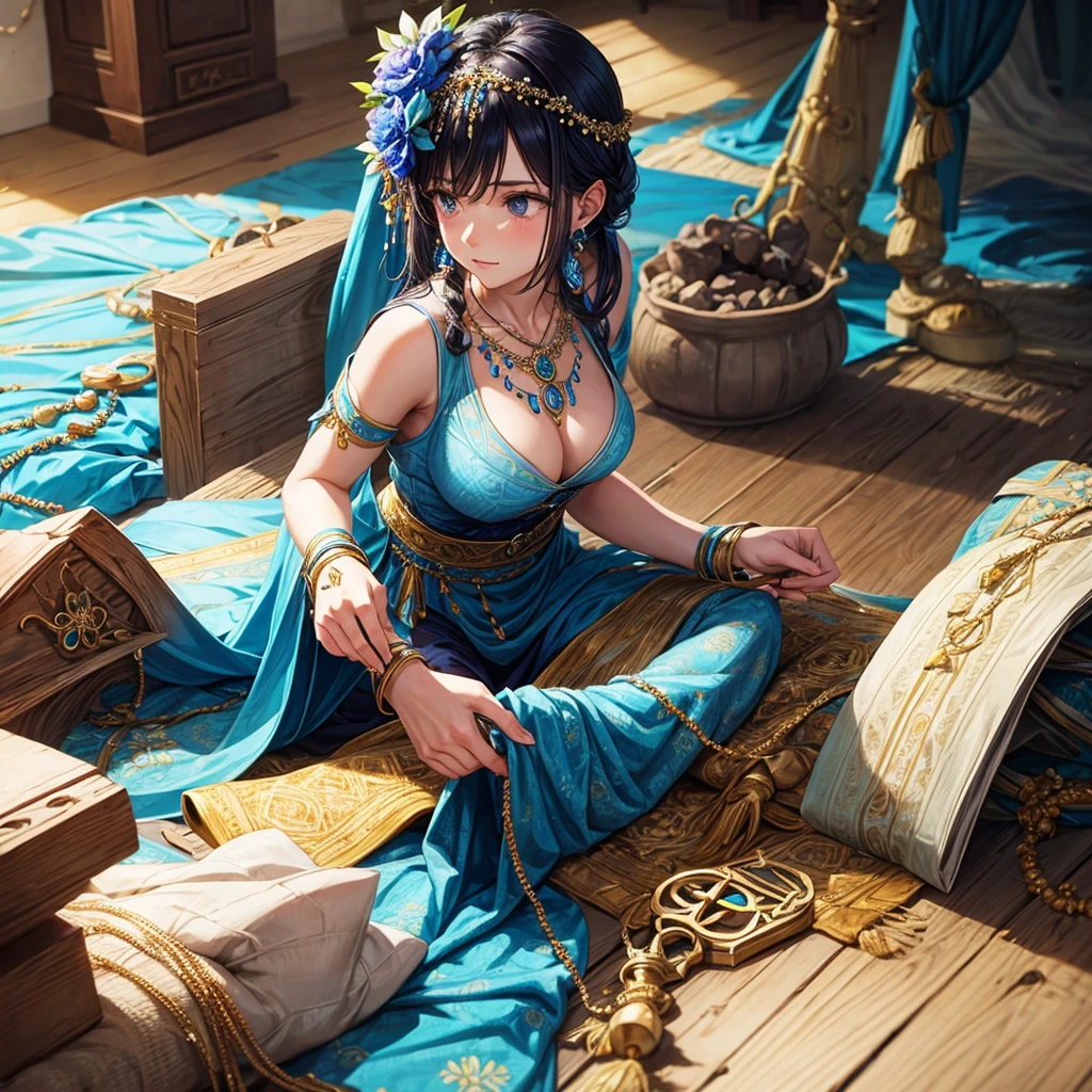A woman, Ancient costume in blue color and flowers drawings,making a necklace,jewelry set, Ancient room