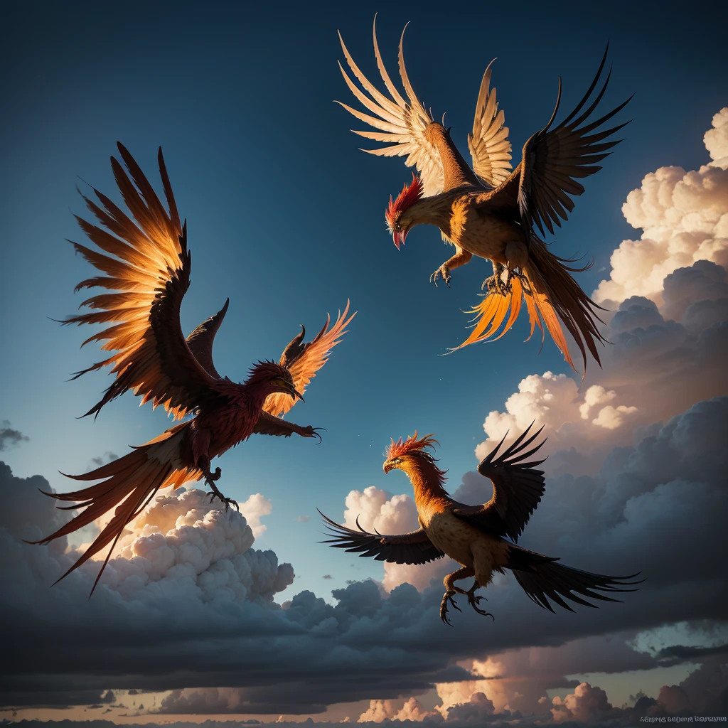 A red phoenix, a yellow phoenix and an orange phoenix fighting in the cloudy sky.