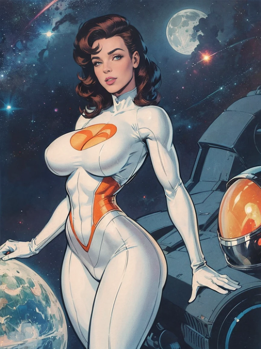 (masterpiece, top quality, best quality, official art, beautiful and aesthetic:1.2), (1girl:1.3), light freckles, fair skin, extremely detailed, portrait, looking at viewer, solo, (full body:0.6), detailed background, close up, (bright space pinup theme:1.1), busty 1950's pinup brunette space girl, charlatan, smiling, happy, mysterious, spacewalk, modest attire, white and orange space suit, spacesuit, helmet, bodysuit, ray gun, long boots, pouches, jetpack, glass helmet, rocket ship, ((((narrow hips, slim sexy body, gigantic breasts)))), slim waist, slim hips, long legs, futuristic (moon exterior:1.1) background, dark mysterious lighting, shadows, magical atmosphere, dutch angle,