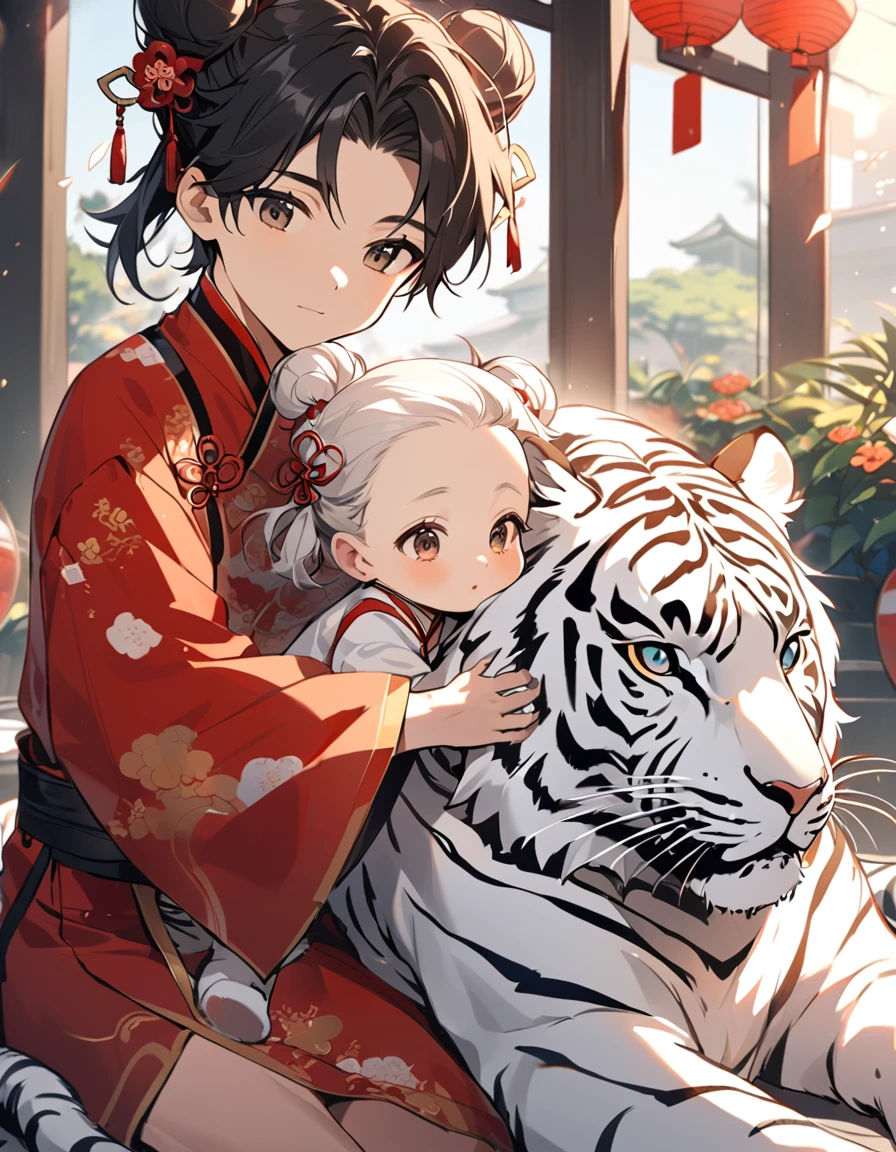 A handsome young man with a good face and a gentle face, wearing a white ancient Chinese costume, sitting on a white tiger, hugging his little sister, who is 1 year old, with her hair tied in two buns, black hair, in a red Chinese New Year costume. In the morning, there is sunlight shining in the front yard garden.