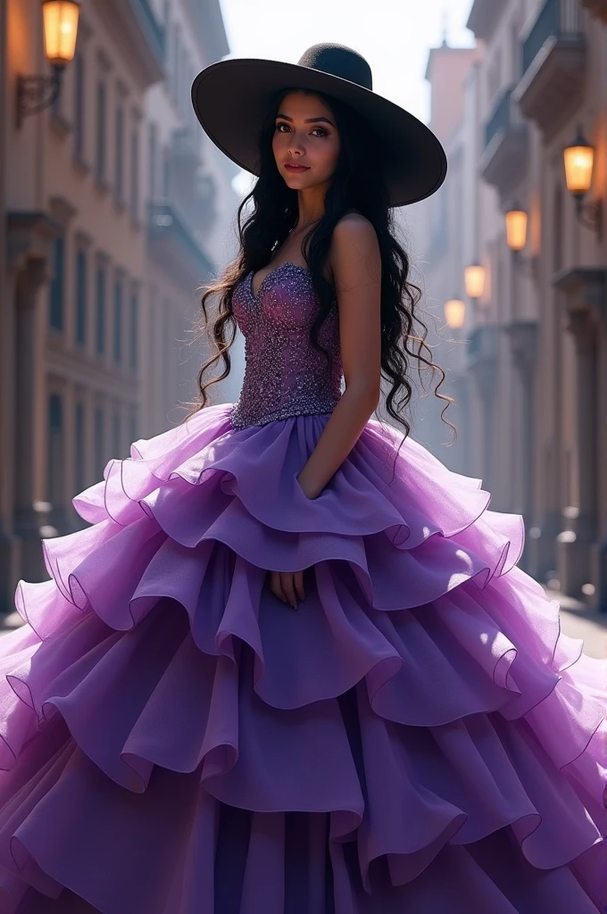 Girl with a super long purple quinceanera dress and a wide black hat and long wavy black hair