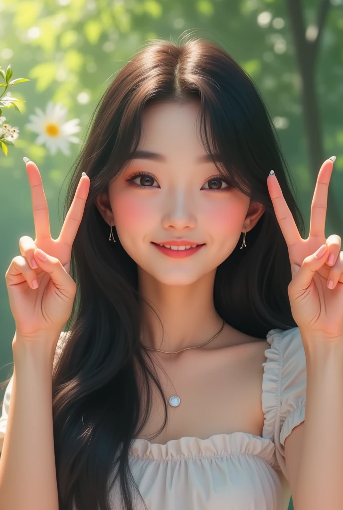 Cute woman smiling peace sign long black hair Korean style