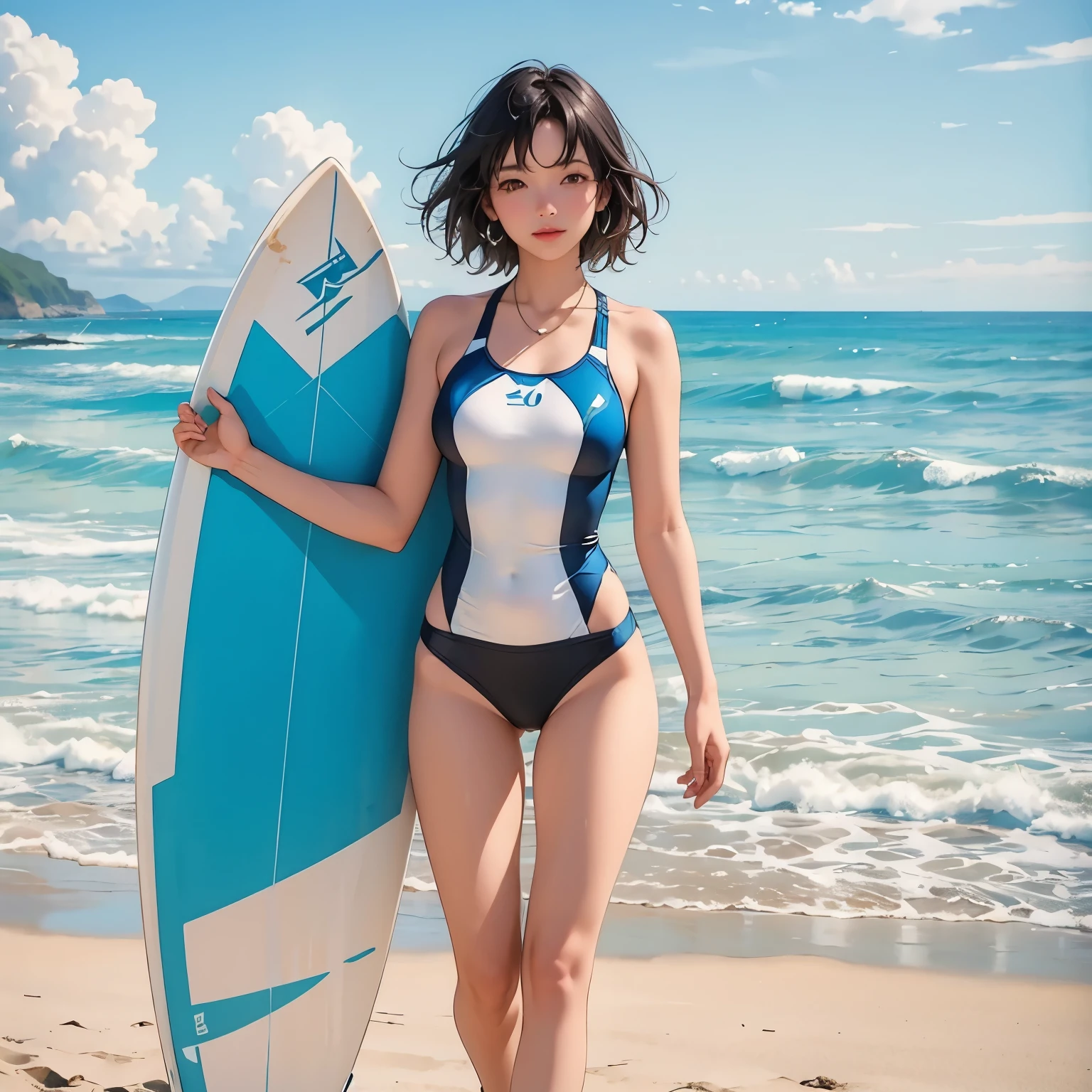 One beautiful woman、(walking along the beach with a surfboard)、(Draw the exact shape of a surfboard)、Swimsuit、Short black hair、Beautiful sea、Blue sky and white clouds、 Detailed Description、(Highest quality, masterpiece, High resolution)、8k、wallpaper、