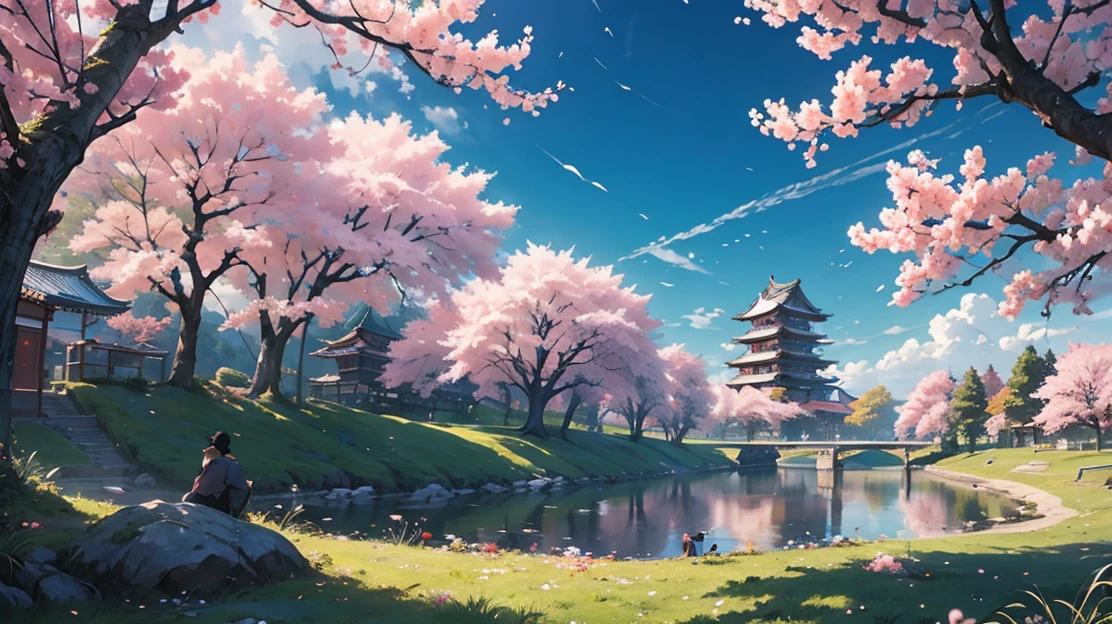 landscape,Big scene,Ultra-wide lens,Japanese style,Long tram,There are beautiful cherry blossoms on both sides\(Cherry blossoms gradually fall),There are two figures in the distance\(a boy,A girl),Wind blowing through the grass,绝美landscape,Japanese style,Detail control,Professional perspective,masterpiece,(Very detailed wallpaper),(best quality)