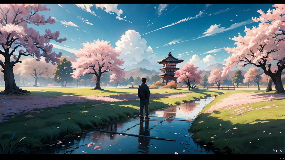 landscape,Big scene,Ultra-wide lens,Japanese style,Long tram,There are beautiful cherry blossoms on both sides\(Cherry blossoms gradually fall),There are two figures in the distance\(a boy,A girl),Wind blowing through the grass,绝美landscape,Japanese style,Detail control,Professional perspective,masterpiece,(Very detailed wallpaper),(best quality)