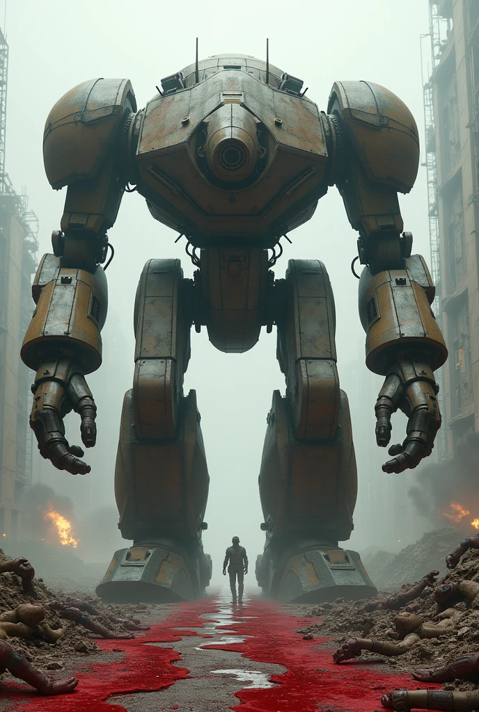 A big robot feet tread blood on the floor