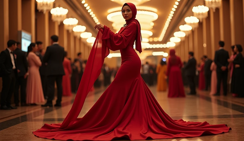 An malay woman in glamorous mermaid evening gown, long ballon sleeve gown, long satin scarf wrapped around her arms, wear jewellery, wear modern satin hijab, entirety of fabric over botom dress about 7 meters in length trailing dramatically, glamours style, overlong dress train, extreme detail on the texture of the fabric, wear high heels, sexy random pose in crowded place, beautifull lighting, ultra realistic, high-resolution photography.