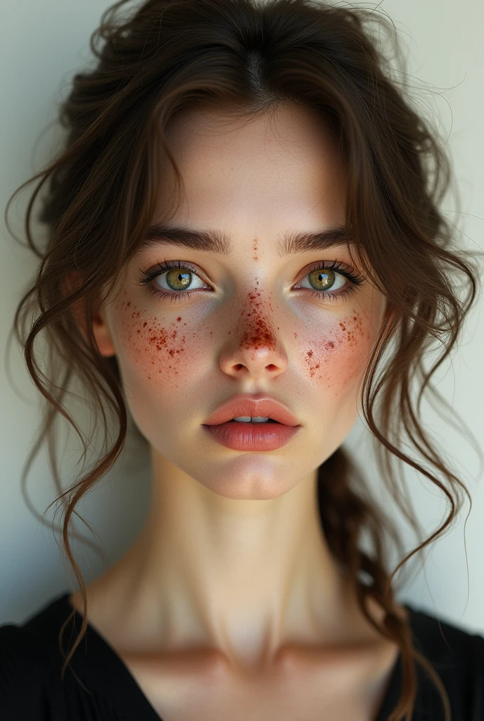 Create T-shirt template, Realistic style, White skin girl, slim, Brown hair, pronounced cheekbones, splattered nose, eyes the color of honey, thick lips