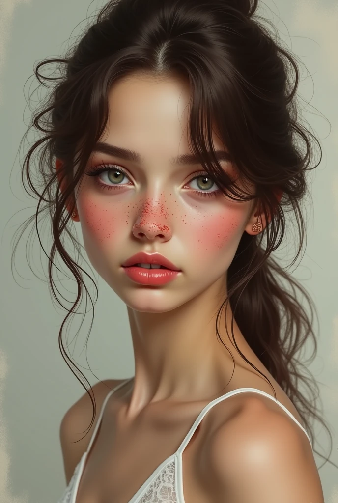 Create T-shirt template, Realistic style, White skin girl, slim, Brown hair, pronounced cheekbones, splattered nose, eyes the color of honey, thick lips