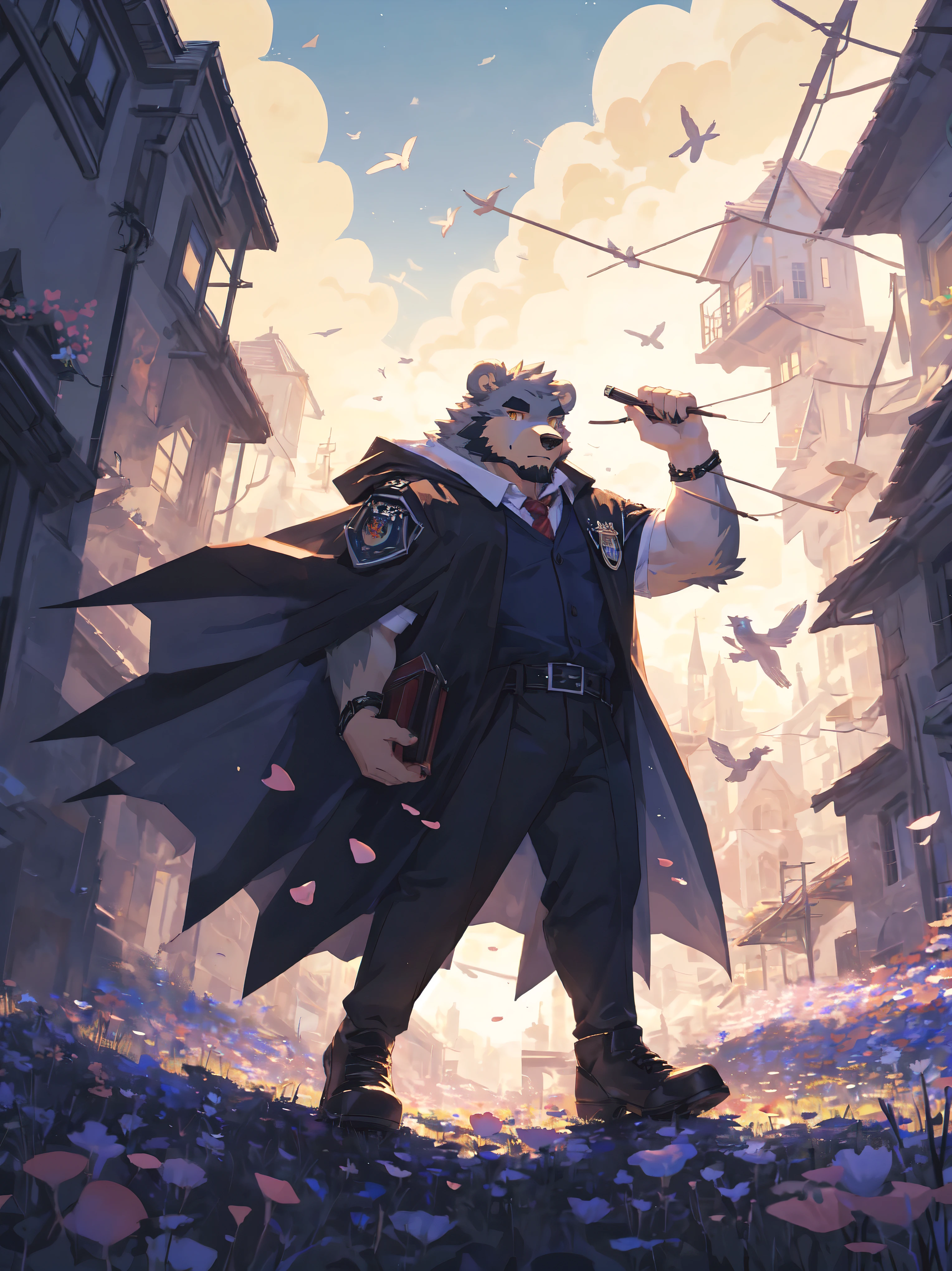 ultra-detailed,extremely detailed and beautiful, sky and white cloud and sunset glow background,ultra-detailed birds, (floating city in bloom, Floating petals, blooming gardens in the sky, many vines on the wall:1.2),Imagination,(masterpiece:1.2), best quality,pixiv,official art,perfect anatomy, (Ray tracing, light),solo, (1_male:1.3) , (muscle), (grey fur:1.4), (muscle bear), (beard:1.2), (gleaming golden eyes), bear tail, full body, Thick black eyebrows, Harry potter style,WIZARDRY UNIFORM,HOGWARTS,cloak,cardigan,shirt,black suit pants,black boots,full body,(pure white background: 1.3), looking at viewer,dynamic pose