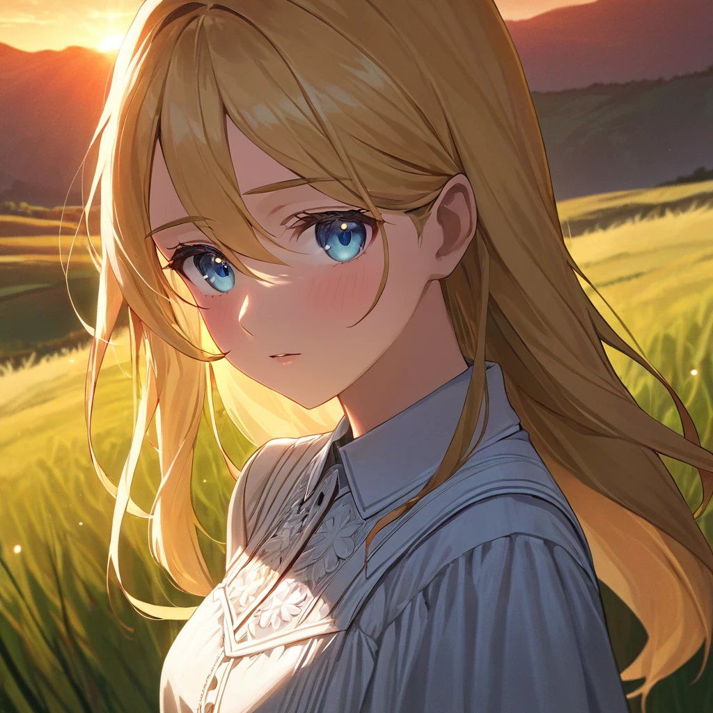 (masterpiece,best quality:1.4), high resolution,super fine illustration, detailed skin, detailed face, detailed eyes,Low - Angle、Movie stills、Standing in the grassland、Scandinavian woman with long blonde hair and a white dress, Backlit beautiful face, Backlit Portrait, infp young woman, Medium shot 8k, medium Portrait Soft Light, Backlit face, Shining sunset light, Beautiful young woman, Perfectly lit face, 50mm Portrait, Young woman's face, Portrait Soft Light