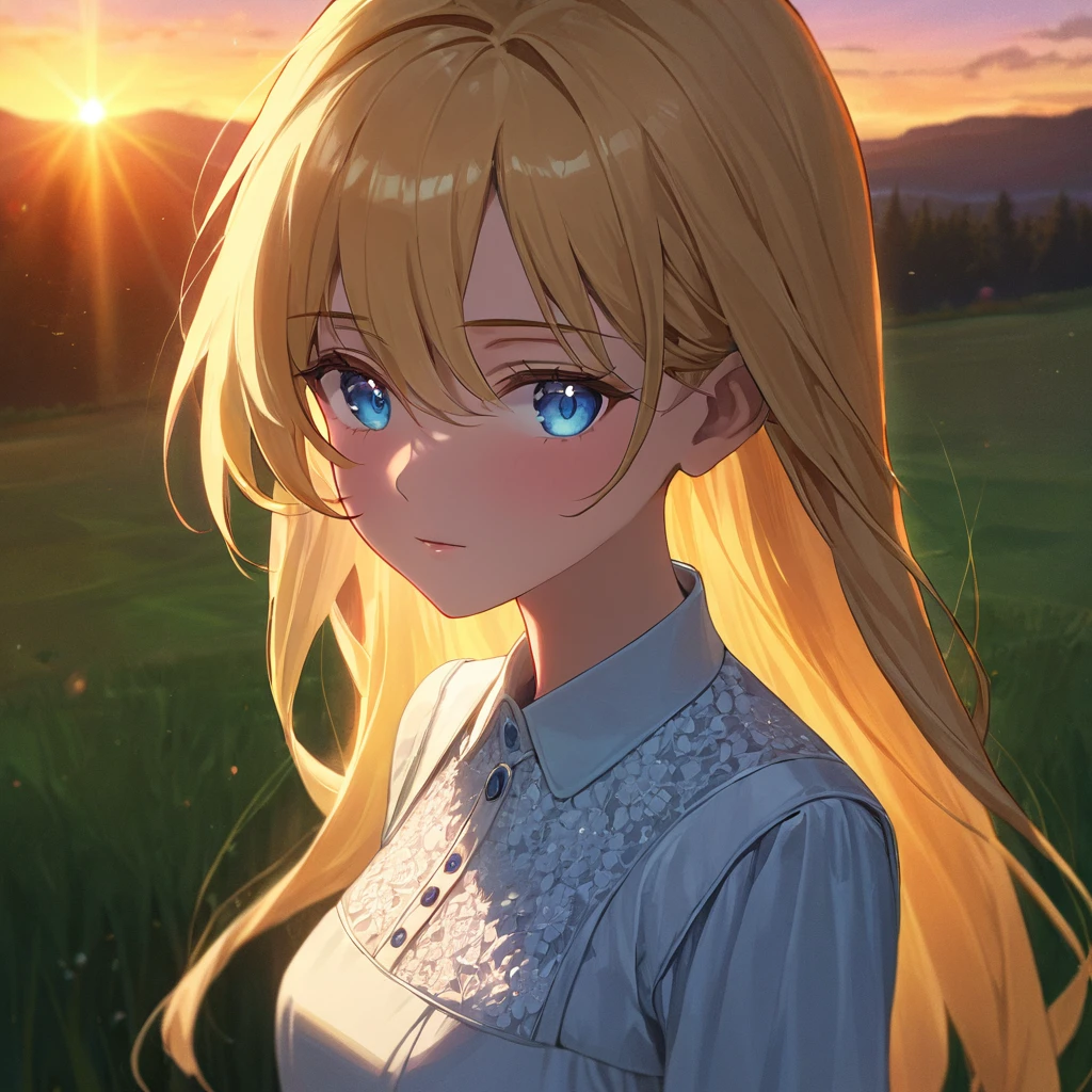 (masterpiece,best quality:1.4), high resolution,super fine illustration, detailed skin, detailed face, detailed eyes,Low - Angle、Movie stills、Standing in the grassland、Scandinavian woman with long blonde hair and a white dress, Backlit beautiful face, Backlit Portrait, infp young woman, Medium shot 8k, medium Portrait Soft Light, Backlit face, Shining sunset light, Beautiful young woman, Perfectly lit face, 50mm Portrait, Young woman&#39;s face, Portrait Soft Light