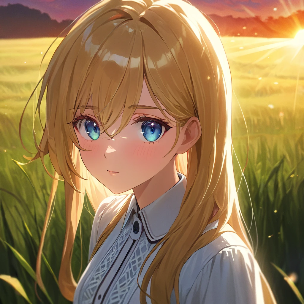 (masterpiece,best quality:1.4), high resolution,super fine illustration, detailed skin, detailed face, detailed eyes,Low - Angle、Movie stills、Standing in the grassland、Scandinavian woman with long blonde hair and a white dress, Backlit beautiful face, Backlit Portrait, infp young woman, Medium shot 8k, medium Portrait Soft Light, Backlit face, Shining sunset light, Beautiful young woman, Perfectly lit face, 50mm Portrait, Young woman's face, Portrait Soft Light
