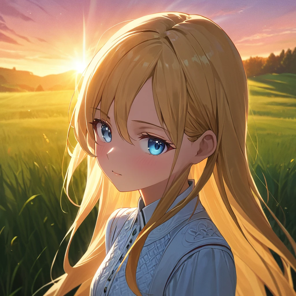 (masterpiece,best quality:1.4), high resolution,super fine illustration, detailed skin, detailed face, detailed eyes,Low - Angle、Movie stills、Standing in the grassland、Scandinavian woman with long blonde hair and a white dress, Backlit beautiful face, Backlit Portrait, infp young woman, Medium shot 8k, medium Portrait Soft Light, Backlit face, Shining sunset light, Beautiful young woman, Perfectly lit face, 50mm Portrait, Young woman's face, Portrait Soft Light