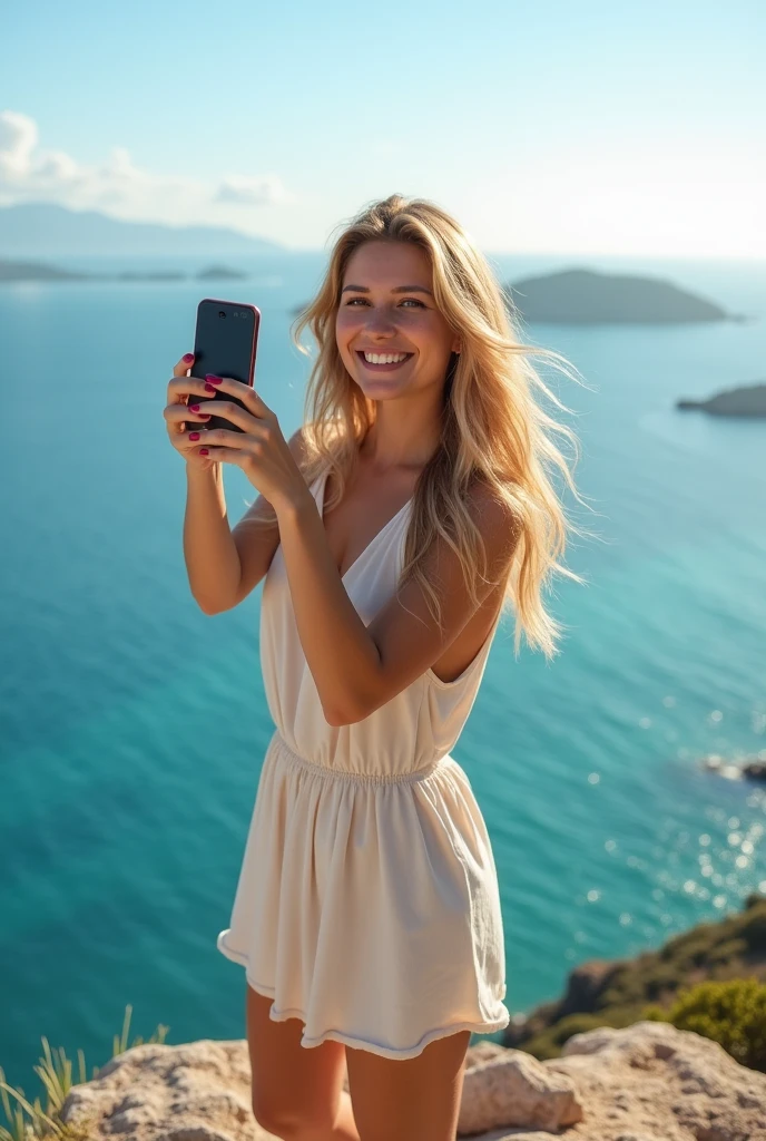 Blonde woman taking a selfie with a sea view
