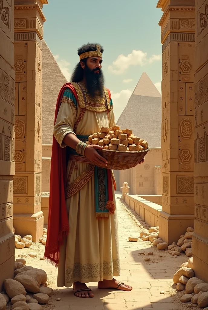 An ancient painting of a king holding a basket of bricks building his temple, giving the idea of a king committed to Mesopotamia
