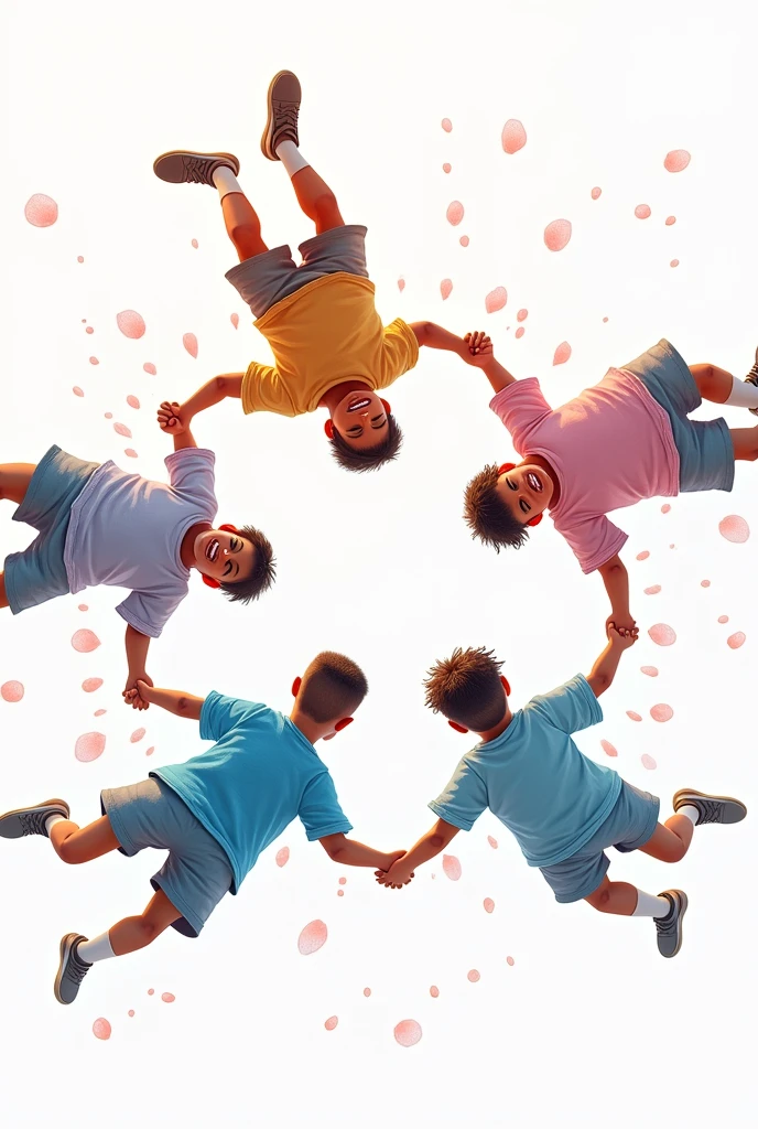 generate an image of a circle with 5 boys with colored outlines,  realistic strokes. with pastel colored clothes. at an angle seen from above. and a more open circle, with space for text in the circle with white background