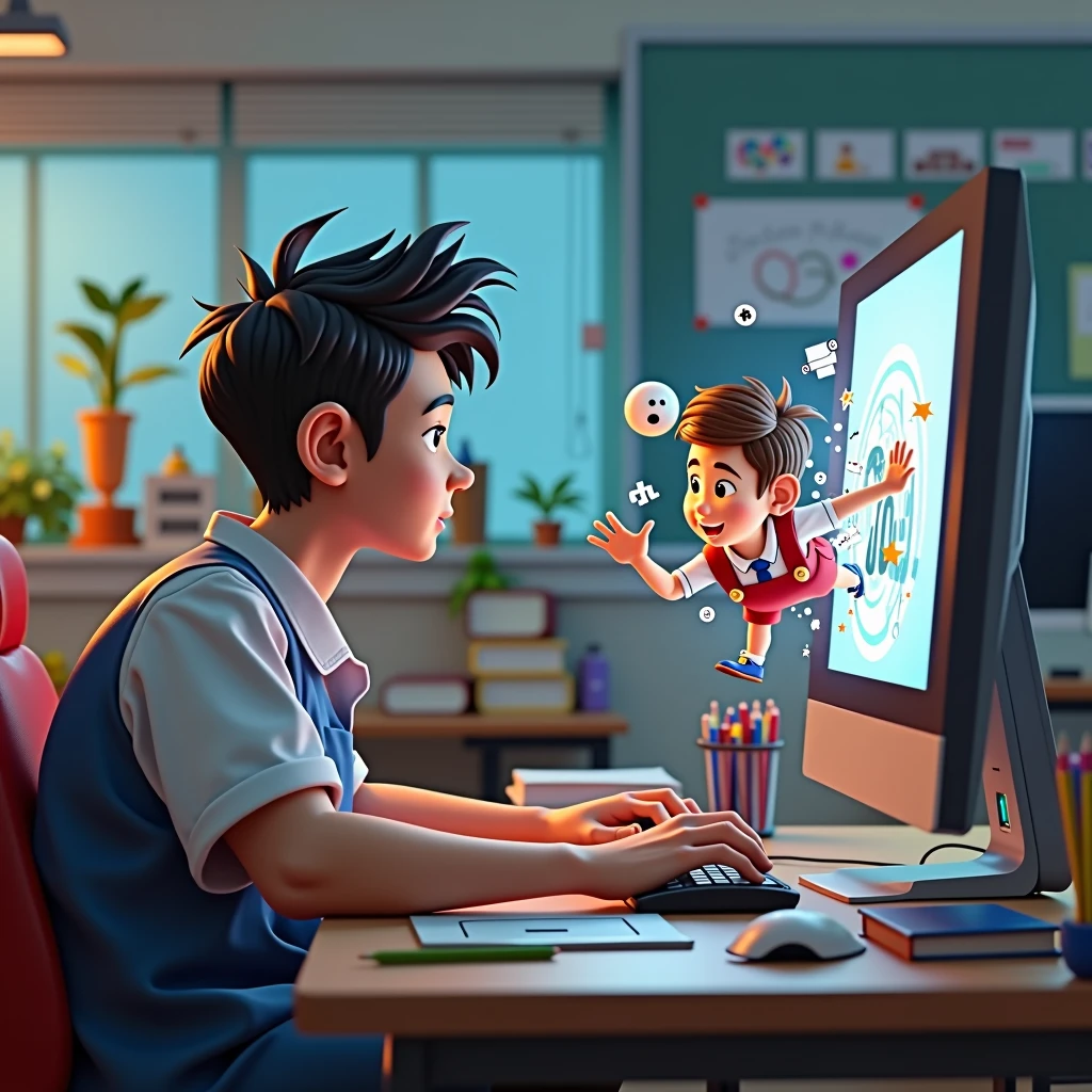 3d animator artist, academy, front of computer, character go throught screen, 3d project, asian, class room background