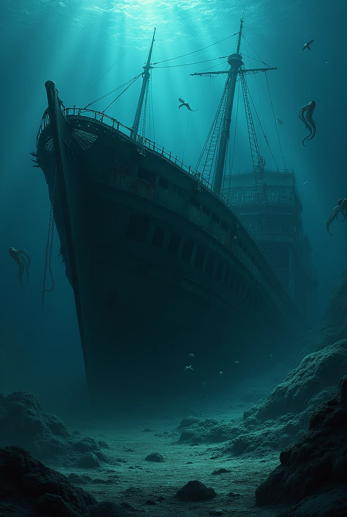 (Deep Black Sea:1.5),(//Ghost ship in ruins:1.3//)+(A giant ship sunk at the bottom of the sea:1.3),Schools of octopus,Shipwreck remains,