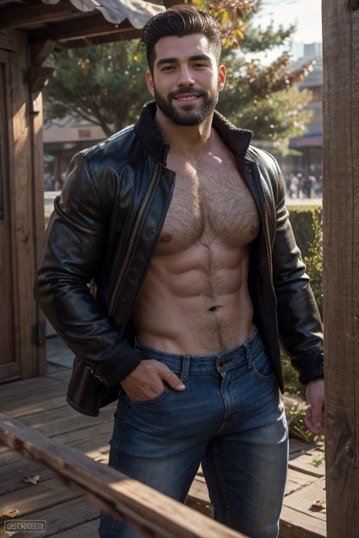 A portrait of characters [muscular 30 years old man latino hairy body, Alpha male, huge biceps, defined abs, woolly fur, elegant, Jeans, , chamarra de mezclilla, super fashion, botas de trabajo seductive smile, My hero] Autumn Park, 4k, high detailed, beautiful, Dark Age, arte de Stanley artgerm, by Daniel F. Gerhartz, by Pino Daeni, Very detailed, Sharp focus. Backside man backside  close up