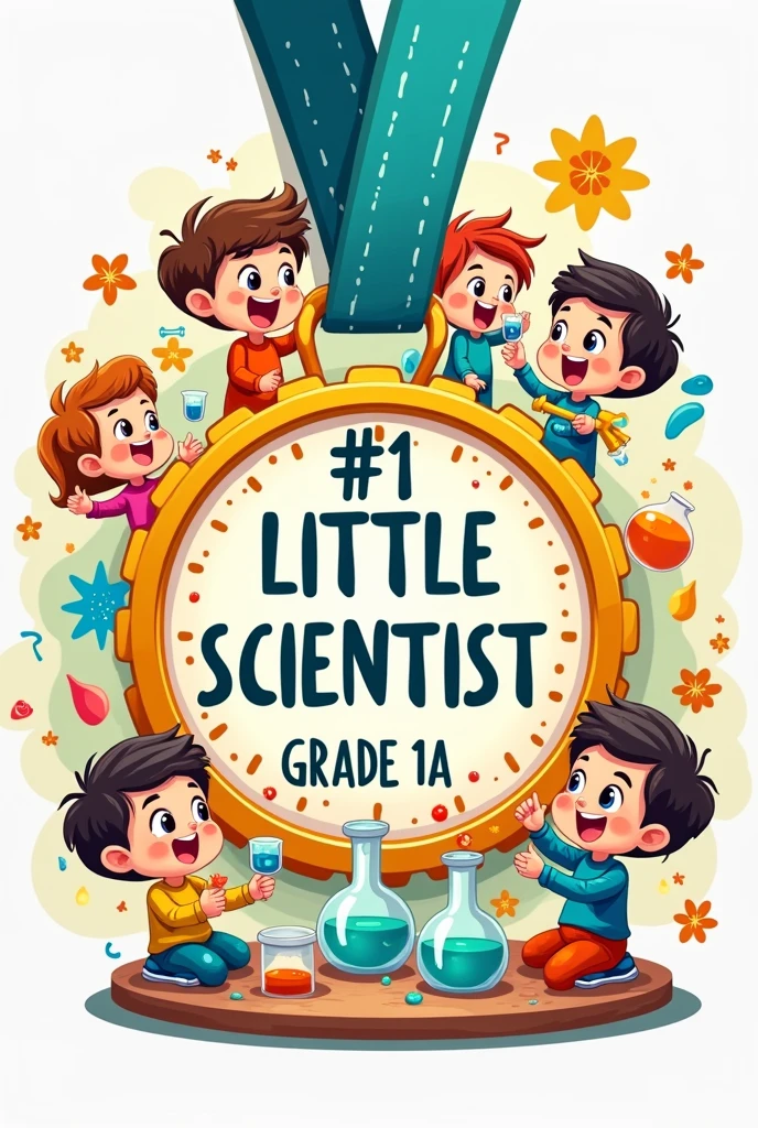 An animated medal to cut out for first grade children that says the following #1 little scientist grade 1A having kids doing experiments