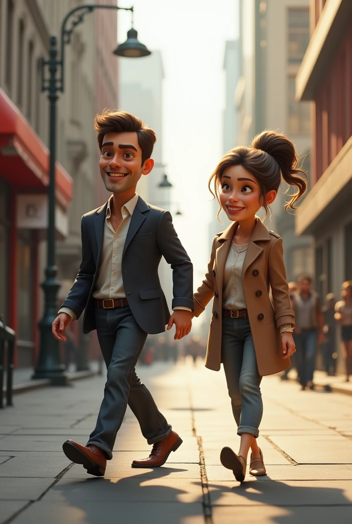 naughty man, standing backwards, walking with woman, standing backwards, on the sidewalk, realisitic