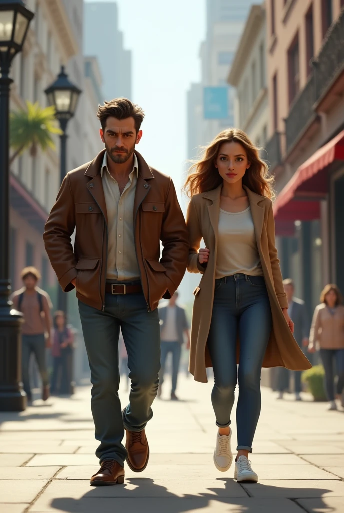 naughty man, standing backwards, walking with woman, standing backwards, on the sidewalk, realisitic