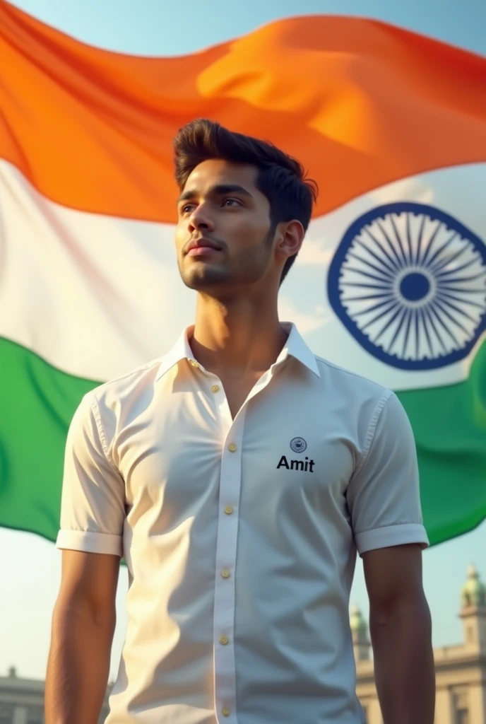 Independent day in indian flag with a boy 18 year old and white shirt with name ''Amit"
