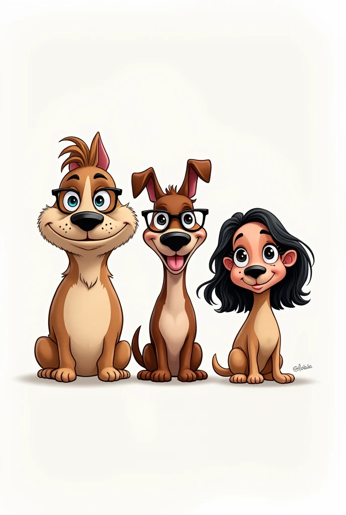 Draw three dogs as caricatures based on the following characteristics, The first is Samuel, He is fat and has very short brown hair., wear square glasses. The second is Magda, She has long hair with a light brown fringe, is medium sized and the last one is Maria, He has short black hair, He also has freckles. Maria is taller than Magda but shorter than Samuel.