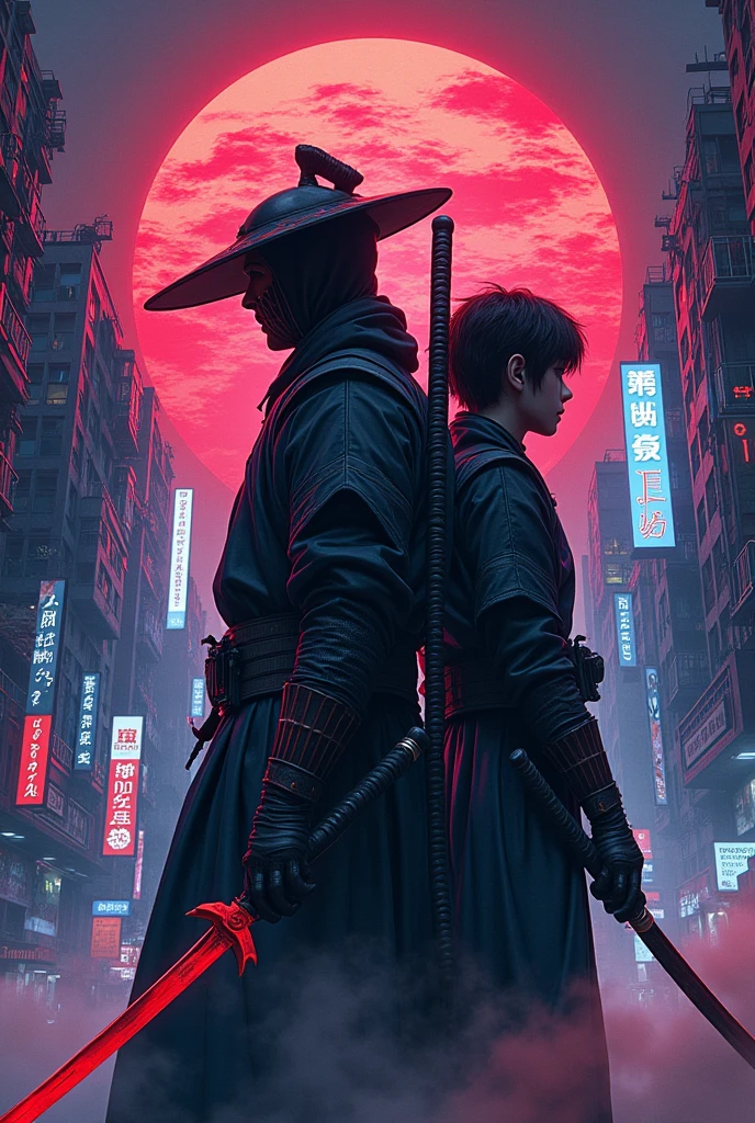 intricate typographic poster, anime style typography, Large Text, dramatic lighting, swirly vibrant colors, neon glow, futuristic science fiction elements, detailed letters, dynamic composition, temperamental atmosphere, Sharp contrasts, urban cyberpunk aesthetic, details Intricate, seamless integration, masterful execution with a ninja and a samurai