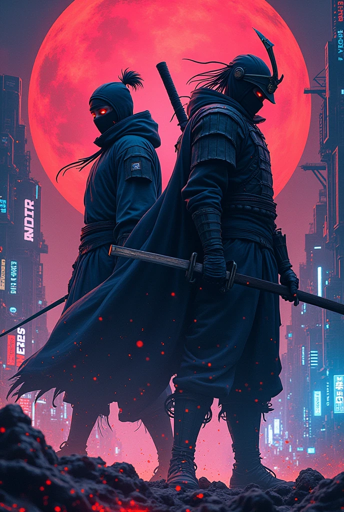 intricate typographic poster, anime style typography, Large Text, dramatic lighting, swirly vibrant colors, neon glow, futuristic science fiction elements, detailed letters, dynamic composition, temperamental atmosphere, Sharp contrasts, urban cyberpunk aesthetic, details Intricate, seamless integration, masterful execution with a ninja and a samurai 