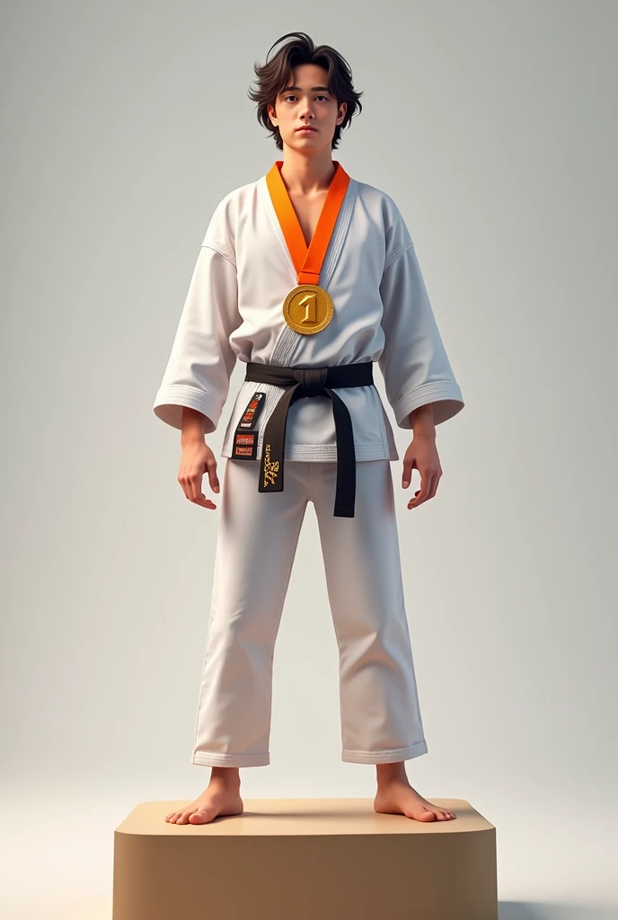 Young white man with slightly long black hair on podium, with first place medal in orange belt karate