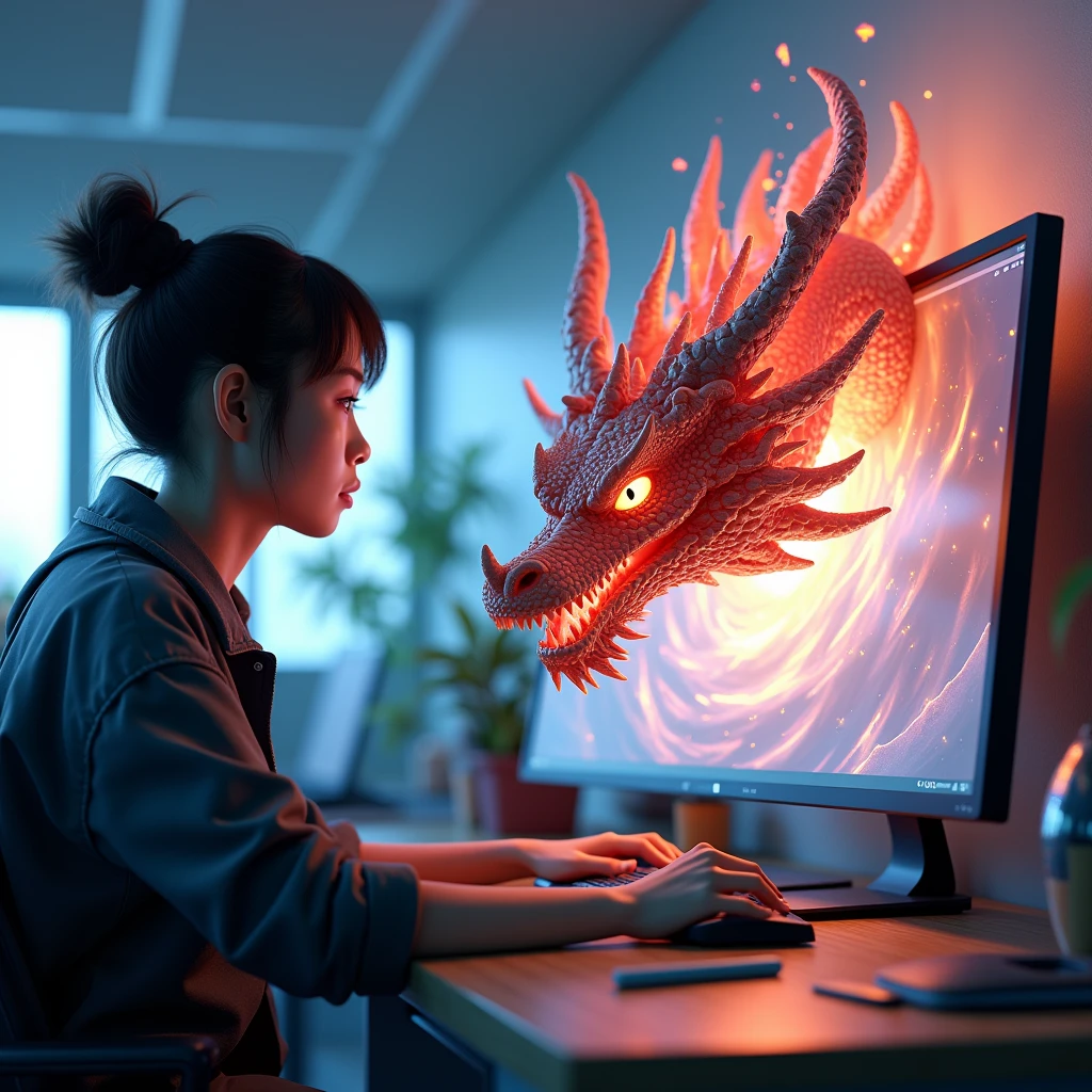 3d animator artist, academy, front of computer, Dragon go throught screen, 3d project, asian, class room background