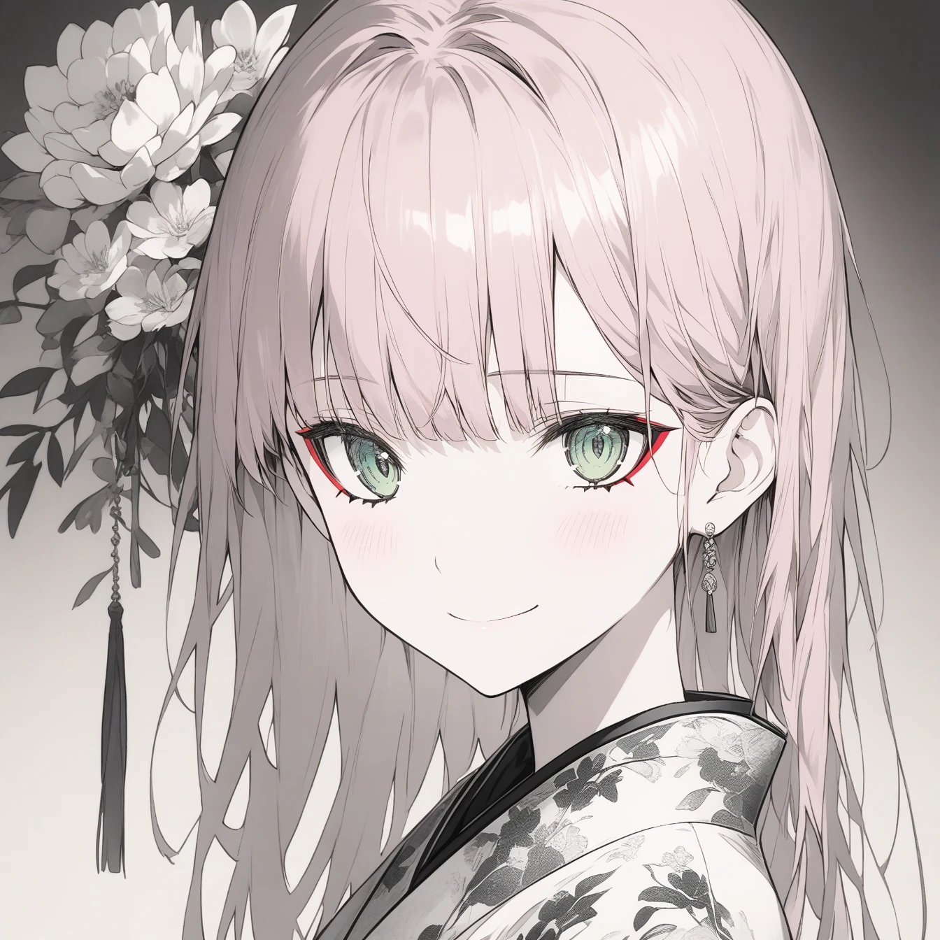 Beautiful anime portrait,Black gray monochrome,Oriental Wallpaper,pink,Feel,very anime style,1girl, zero two \(darling in the franxx\), darling in the franxx,Flowers,close up,Soft Light,Rich in details,Smile,Kimono decoration,Background blur,鲜艳的颜Feel深沉,front,Green eyes,Pink Hair