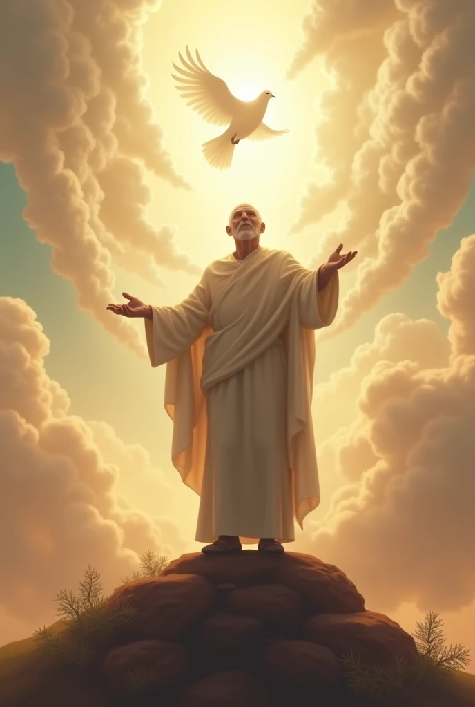 Image with the silhouette of an older man ascending to heaven and doves, put the name of Reinel so that he has only one name and is large. Redesign again, put God at his side so that he has only one dove, and Jesus, erase a Jesus and a dove and put the name of Reinel but keep the same image.