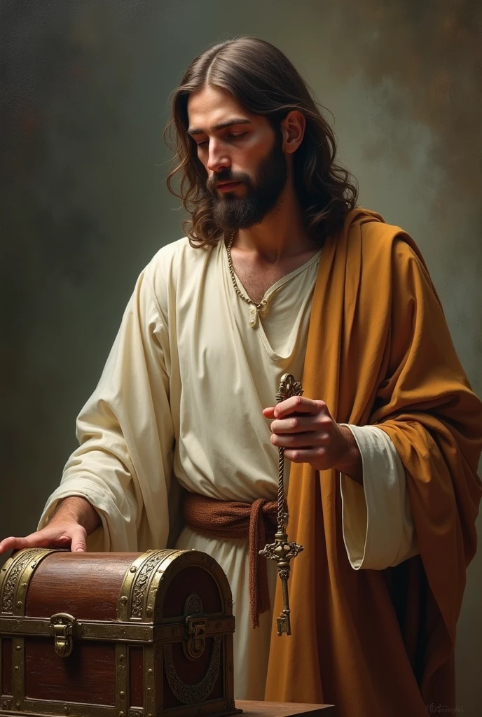 Jesus with a key in his hand with a treasure chest