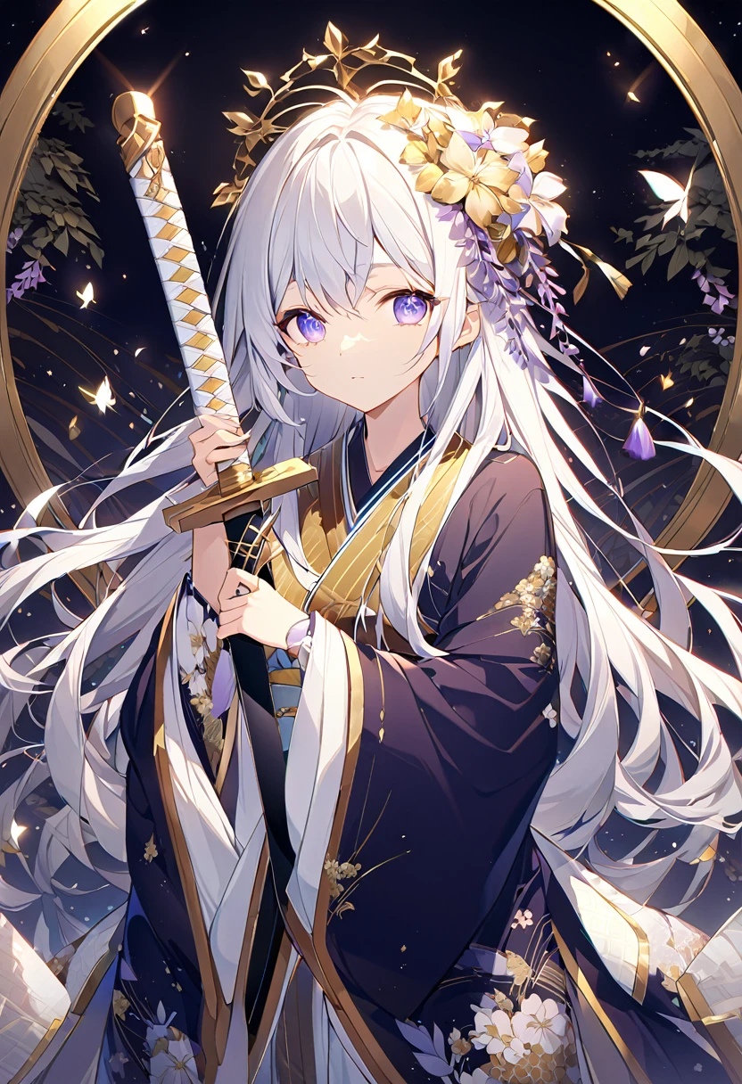 Beautiful girl in a fantastic night view、Anime-style illustrations。Long silvery white hair、Smooth as silk and reflecting light、Fluttering gracefully in the wind。大きなredい瞳、Filled with deep emotion、Shine mystically。Dark blue kimono、Flower and butterfly patterns delicately embroidered with gold thread、Intricate floral decoration on sleeves and hem。A gorgeous flower crown on the head、red、green、purple、pinkの花々The layers are、Wisteria flowers hang gracefully down。Holding a sword with both hands、刀の柄は金とredの装飾、The sheath has a delicate golden cherry blossom pattern。My skin is illuminated by the moonlight、Smooth and soft shine like white porcelain。A dignified expression、His eyes show deep thought and a little sadness。Lean your body slightly to the left、Sword posture in front of right hand、The folds of the kimono beautifully overlap。Hair swaying in the wind、The sleeves of the kimono flutter like butterflies。Moonlight and magical light particles softly illuminate your skin、Gives hair a silvery shine。Reflection of light in the eyes、Expressing vitality and mystery。The delicate stitching of the collar and cuffs of Japanese clothing、The gold thread embroidery catches the light and sparkles.。corolla flower々Vivid texture、Expressing the delicacy and three-dimensionality of the petals。Intricate decoration of the sword's tsuba and handle、金属の冷たい質感and lightの反射。Delicate depiction of fingertips、Strength and grace in the hands that hold the sword。Mysterious and magical atmosphere、Expressions that wander the boundary between reality and dreams。Strength and fragility、A complex allure where beauty and danger coexist。A unique worldview that combines Japanese traditions with magical elements。Against the background of the night sky、A large full moon or halo surrounds the girl。Wisteria flowers hang down profusely、purpleとpinkのグラデーションで幻想的な雰囲気を醸成。Cherry blossom petals flutter in the wind、Expressing delicate movement and a sense of the seasons。Specular reflection on the water surface、Moonlight and flowers々The light of、Creating a fantastical other world。ハイクオリティなAnime-style illustrations、Carefully depicted in detail with delicate lines and rich colors。Fantastic and mysterious atmosphere、Expressing a dreamlike worldview that is far removed from reality。purple、green、pink、Focus on gold tones、深いgreenと明るい光のコントラストが印象的。Strong contrast of light and shadow、Expressing the expanse of space with a sense of depth and 3D effect。Particles of light fly through the air、Stardust-like sparkle creates a magical atmosphere。Petals and light particles dance on the wind、Add movement and life to the entire screen。Magical halo around the character、A mysterious aura。Reflection of light on the water surface、The shimmering water blurs the boundary between reality and fantasy。Position the character slightly left of the center of the screen、3/Four angles emphasize three-dimensionality and depth。Large circular light source in the background、The characters are arranged to envelop them.々Produce a sense of beauty。Vertical composition、Flowers on top々and light、The reflection of the water at the bottom expresses the connection between heaven and earth.。A multi-layered background that gives a sense of depth、Detailed depiction from the foreground to the background、Creating a fantastic space。