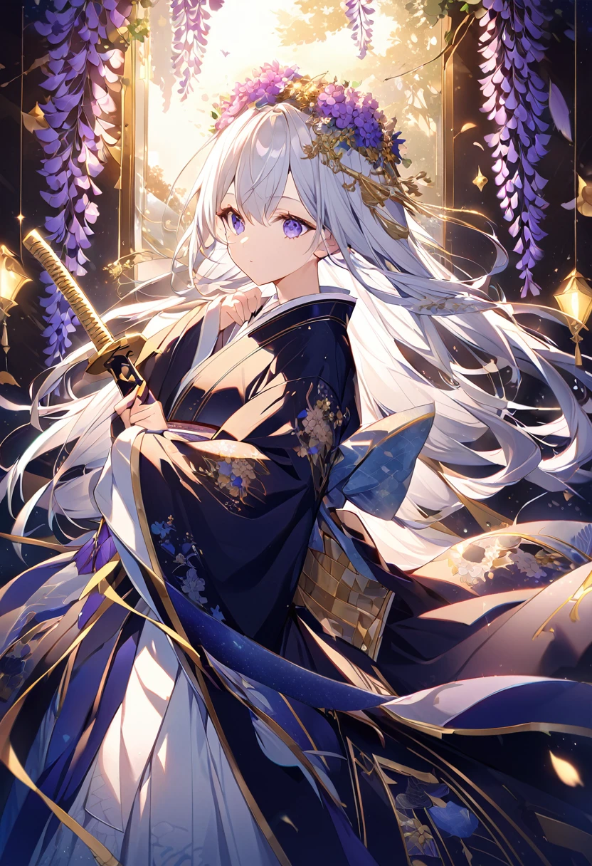 Beautiful girl in a fantastic night view、Anime-style illustrations。Long silvery white hair、Smooth as silk and reflecting light、Fluttering gracefully in the wind。大きなredい瞳、Filled with deep emotion、Shine mystically。Dark blue kimono、Flower and butterfly patterns delicately embroidered with gold thread、Intricate floral decoration on sleeves and hem。A gorgeous flower crown on the head、red、green、purple、pinkの花々The layers are、Wisteria flowers hang gracefully down。Holding a sword with both hands、刀の柄は金とredの装飾、The sheath has a delicate golden cherry blossom pattern。My skin is illuminated by the moonlight、Smooth and soft shine like white porcelain。A dignified expression、His eyes show deep thought and a little sadness。Lean your body slightly to the left、Sword posture in front of right hand、The folds of the kimono beautifully overlap。Hair swaying in the wind、The sleeves of the kimono flutter like butterflies。Moonlight and magical light particles softly illuminate your skin、Gives hair a silvery shine。Reflection of light in the eyes、Expressing vitality and mystery。The delicate stitching of the collar and cuffs of Japanese clothing、The gold thread embroidery catches the light and sparkles.。corolla flower々Vivid texture、Expressing the delicacy and three-dimensionality of the petals。Intricate decoration of the sword's tsuba and handle、金属の冷たい質感and lightの反射。Delicate depiction of fingertips、Strength and grace in the hands that hold the sword。Mysterious and magical atmosphere、Expressions that wander the boundary between reality and dreams。Strength and fragility、A complex allure where beauty and danger coexist。A unique worldview that combines Japanese traditions with magical elements。Against the background of the night sky、A large full moon or halo surrounds the girl。Wisteria flowers hang down profusely、purpleとpinkのグラデーションで幻想的な雰囲気を醸成。Cherry blossom petals flutter in the wind、Expressing delicate movement and a sense of the seasons。Specular reflection on the water surface、Moonlight and flowers々The light of、Creating a fantastical other world。ハイクオリティなAnime-style illustrations、Carefully depicted in detail with delicate lines and rich colors。Fantastic and mysterious atmosphere、Expressing a dreamlike worldview that is far removed from reality。purple、green、pink、Focus on gold tones、深いgreenと明るい光のコントラストが印象的。Strong contrast of light and shadow、Expressing the expanse of space with a sense of depth and 3D effect。Particles of light fly through the air、Stardust-like sparkle creates a magical atmosphere。Petals and light particles dance on the wind、Add movement and life to the entire screen。Magical halo around the character、A mysterious aura。Reflection of light on the water surface、The shimmering water blurs the boundary between reality and fantasy。Position the character slightly left of the center of the screen、3/Four angles emphasize three-dimensionality and depth。Large circular light source in the background、The characters are arranged to envelop them.々Produce a sense of beauty。Vertical composition、Flowers on top々and light、The reflection of the water at the bottom expresses the connection between heaven and earth.。A multi-layered background that gives a sense of depth、Detailed depiction from the foreground to the background、Creating a fantastic space。