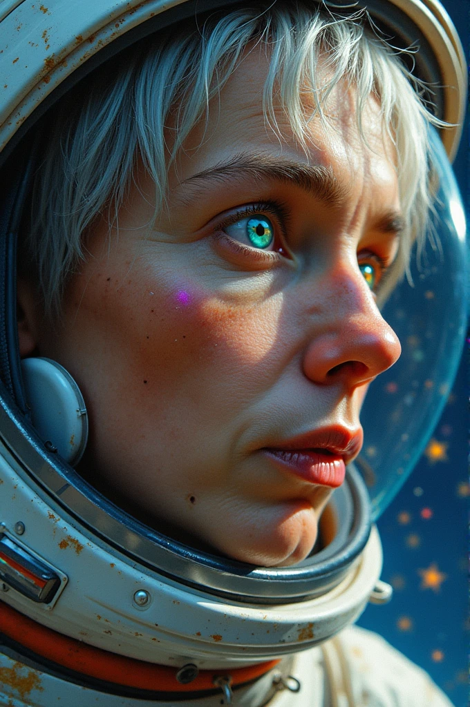 (Close-up of a better masterpiece:1.5)0.9], (Space and astronauts:1.2) (Messy silver hair:1.1) (Heterochromia xanthochromia and blue eyes:1.2) (Space Helmet:1.0) (Colored stars in the eyes:1.0) (A radiant glow:1.1) (thick lips:0.9)
