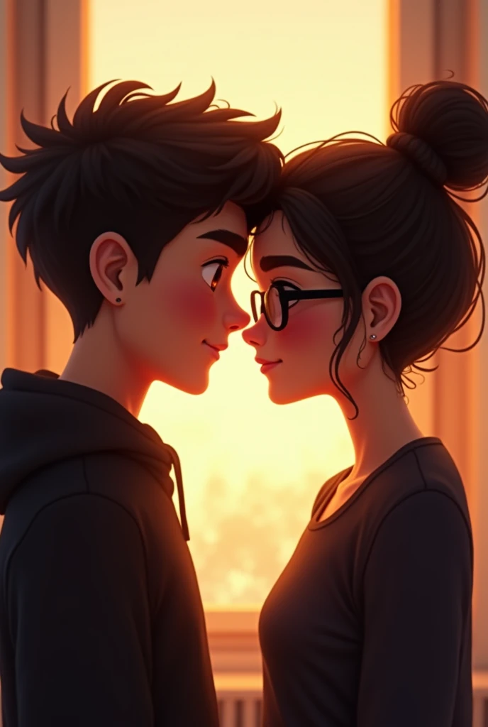 A couple looking at each other face to face with love in the foreground The boy is white, Cute girl doesn't have glasses Dressed in black The girl has curly hair, high with glasses The background has a lot of light Something realistic