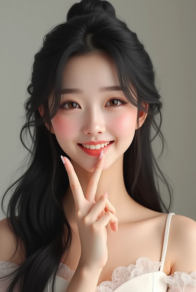 Cute woman smile peace long black hair Korean style