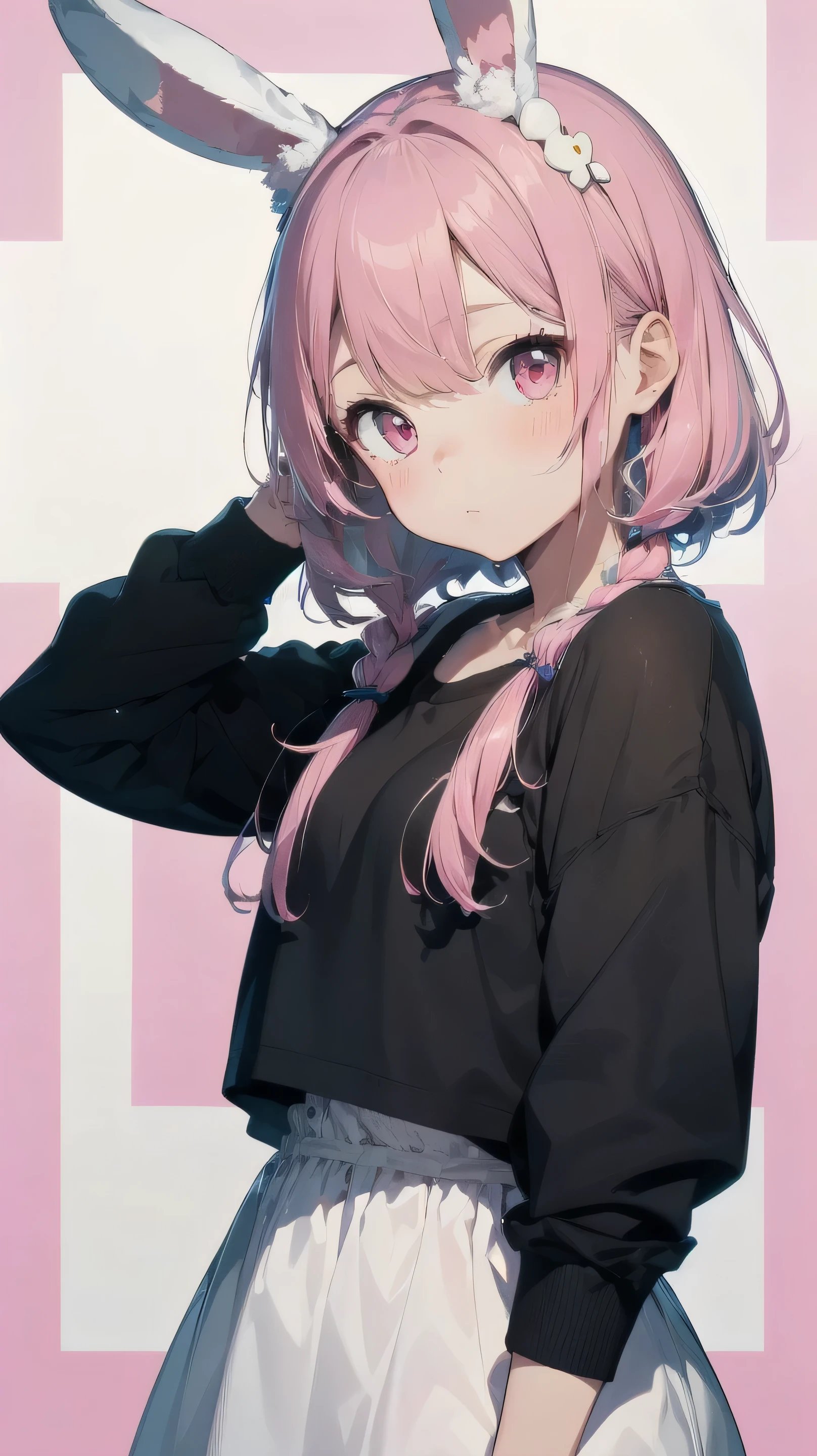 Highest quality, cute, pastel colour, Fluffy white bunny ears, Pink Hair,Pink eyes,Background is solid color,pop、colorful,wallpaper style,Peering into the screen、Feeling like a peek
