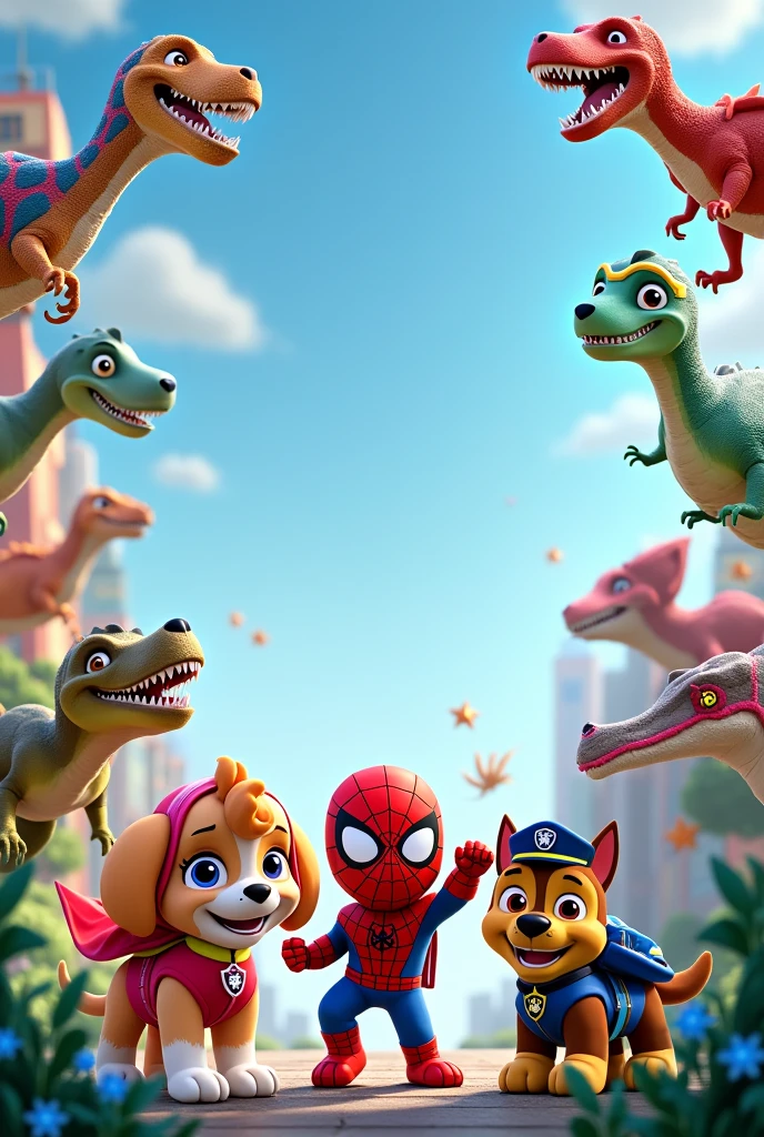 Birthday invitation with spiderman with paw patrol dressed as man and spider and dinosaurs in the background 