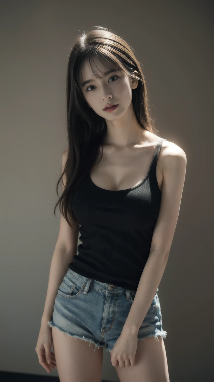 ((1girl)), woman, masterpiece, best quality, highest quality, cinematic lighting, (volumetric lighting), extremely detailed CG unity 8k wallpaper, focused, 8k wallpaper, extremely detailed, ultra realistic, photorealistic, sharp focus, absurdres, (HDR:1.2), (high contrast), photograph, detailed and intricate, instagram, portrait, highly detailed, digital painting, artstation, concept art, smooth, sharp focus, illustration, cinematic lighting, (big breast:1.3), (((skinny, slim legs))), (japanese idol posture), (knit strap tanktop, , open shoulder, open chest, cleavage), looking at the viewer, (I don't see arms)), ((Standing)), ((Medium body shot, hip level shot)), long hair, beautiful eyes, leaning on a pink wall