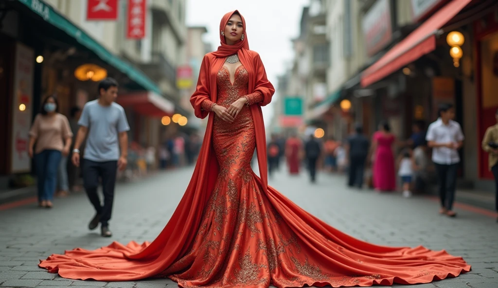 An malay woman in glamorous mermaid evening gown, long ballon sleeve gown, long satin scarf wrapped around her arms, wear jewellery, wear modern satin hijab, entirety of fabric over botom dress about 7 meters in length trailing dramatically, glamours style, overlong dress train, extreme detail on the texture of the fabric, wear high heels, sexy random pose in crowded street, beautifull lighting, ultra realistic, high-resolution photography.