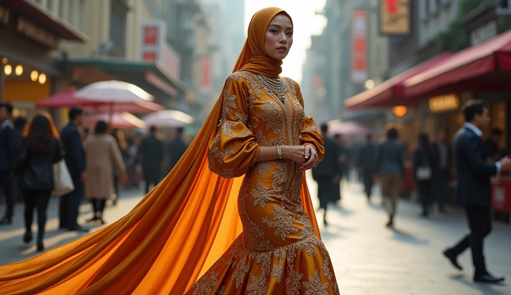 An malay woman in glamorous mermaid evening gown, long ballon sleeve gown, long satin scarf wrapped around her arms, wear jewellery, wear modern satin hijab, entirety of fabric over botom dress about 7 meters in length trailing dramatically, glamours style, overlong dress train, extreme detail on the texture of the fabric, wear high heels, sexy random pose in crowded street, beautifull lighting, ultra realistic, high-resolution photography.