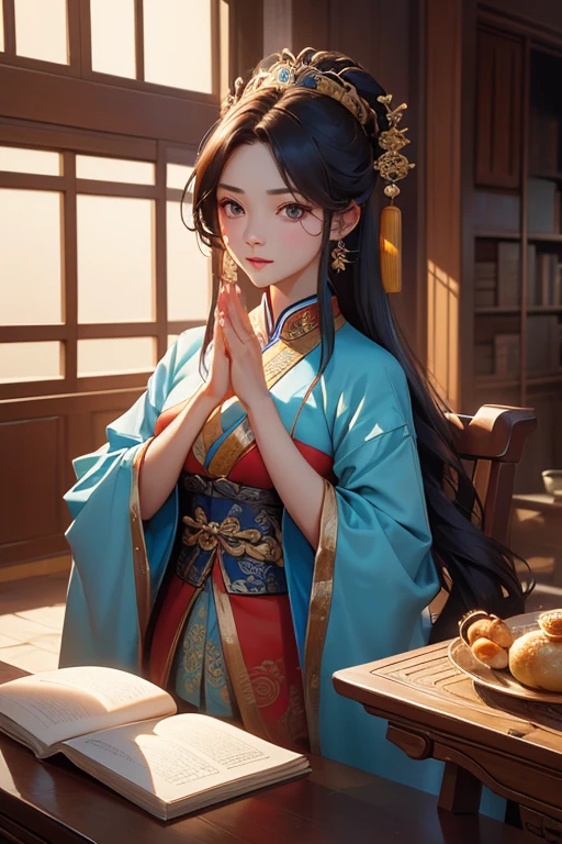 (Highest quality、 8k 、masterpiece、High resolution)、(Chinese Drama、Changgexing、Li Changge、Dililaba)、Tang Dynasty、Changan、1 Female、Rich man&#39;s daughter、(Princess of the royal family)、Anime Beauty、Peony floral costume on white background、Head ornament、Hairpin、Beautiful young person、blue eyes、smile、A fun pose、(背景は古いChanganの街並み、Tang Dynasty Buildings、Tang Dynasty Buildings)、Anime Art、Official Art、Detailed CG、